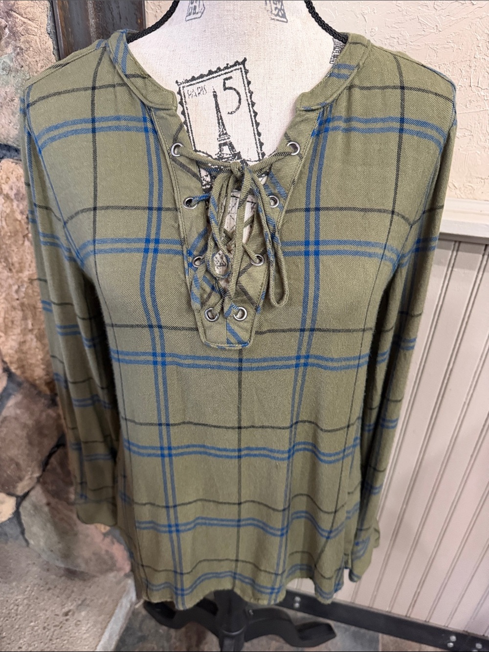 Sanctuary Olive Plaid Lace-Up Tunic with Blue & Black Trim
